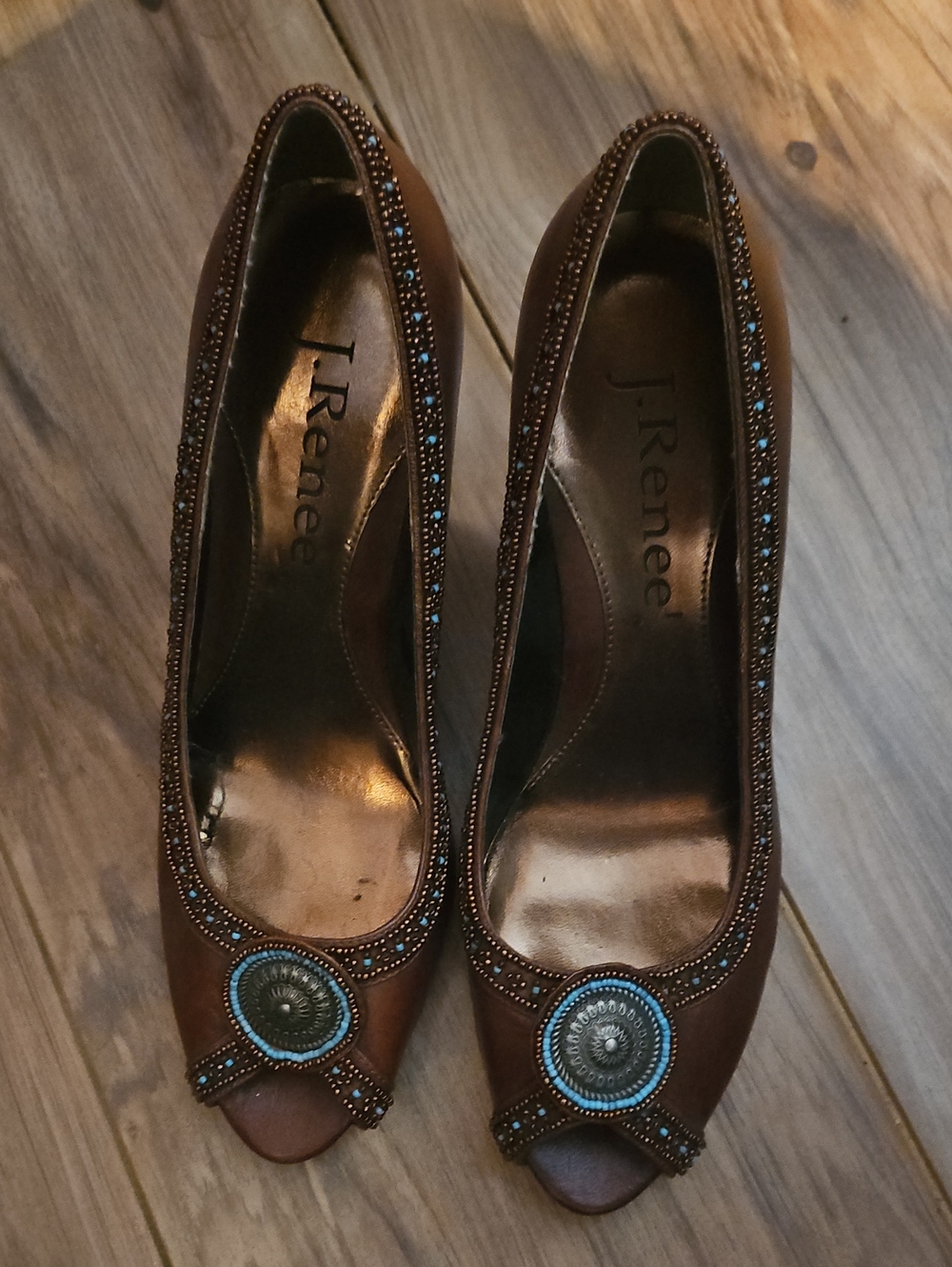 J.Renee Brown Peep-Toe Pumps with Turquoise Medallions